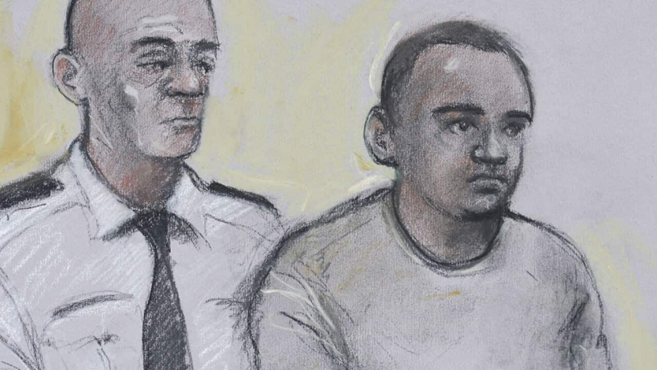 courtroom sketch shows Zakaria Bulhan, right