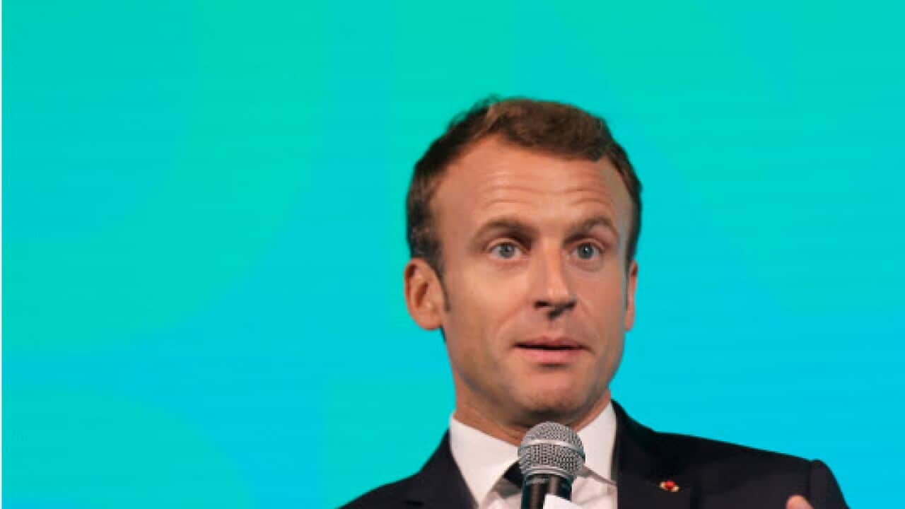 French President Emmanuel Macron speaks at the close of the One Planet Summit in New York.