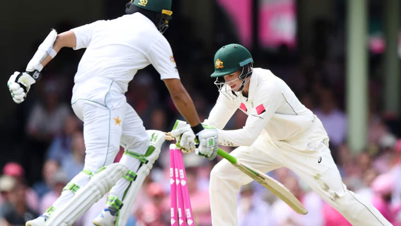 Peter Handscomb of Australia runs out Azhar Ali of Pakistan