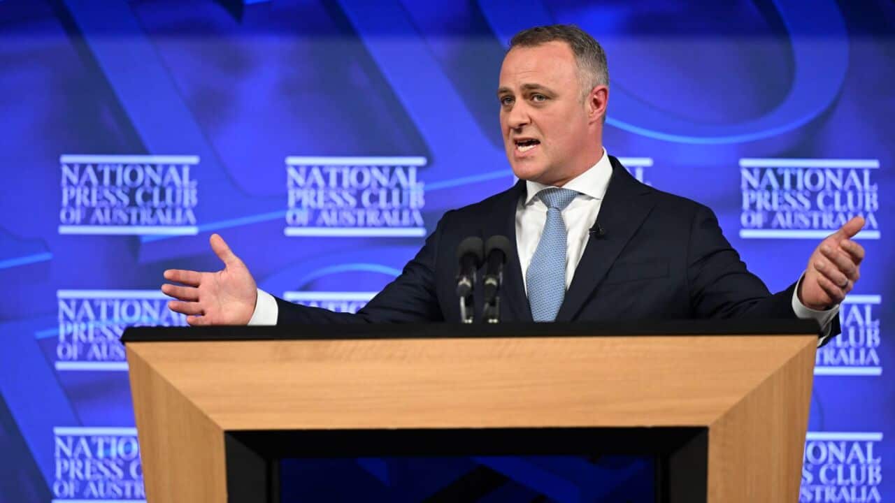Shadow treasurer Tim Wilson delivering his budget reply speech at the National Press Club in Canberra, Wednesday, May 20, 2026. (AAP Image-Lukas Coch).jpg