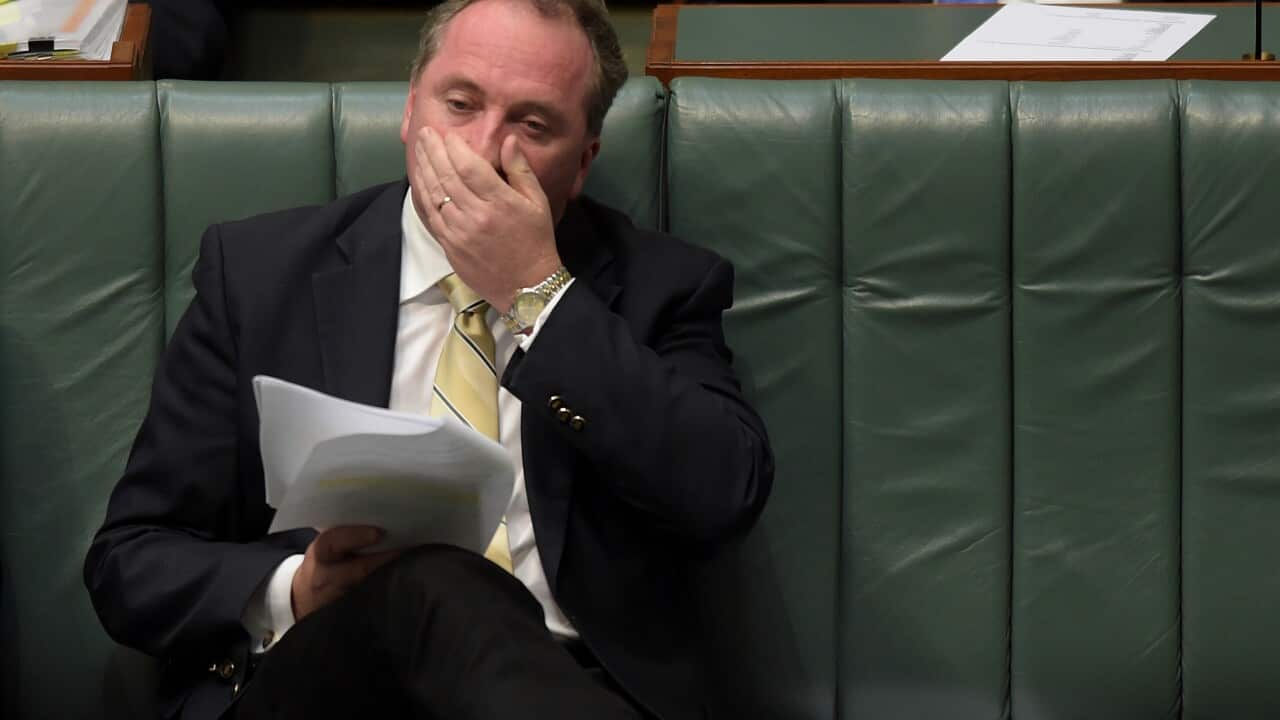 Agriculture Minister Barnaby Joyce reacts during House of Representatives Question Time at Parliament House in Canberra, Thursday, June 18, 2015. (AAP Image/Lukas Coch) NO ARCHIVING