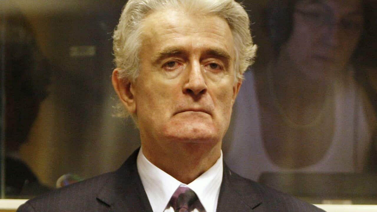 Former Bosnian Serb leader Radovan Karadzic stands in the courtroom during his initial appearance at the UN's Yugoslav war crimes tribunal in The Hague.