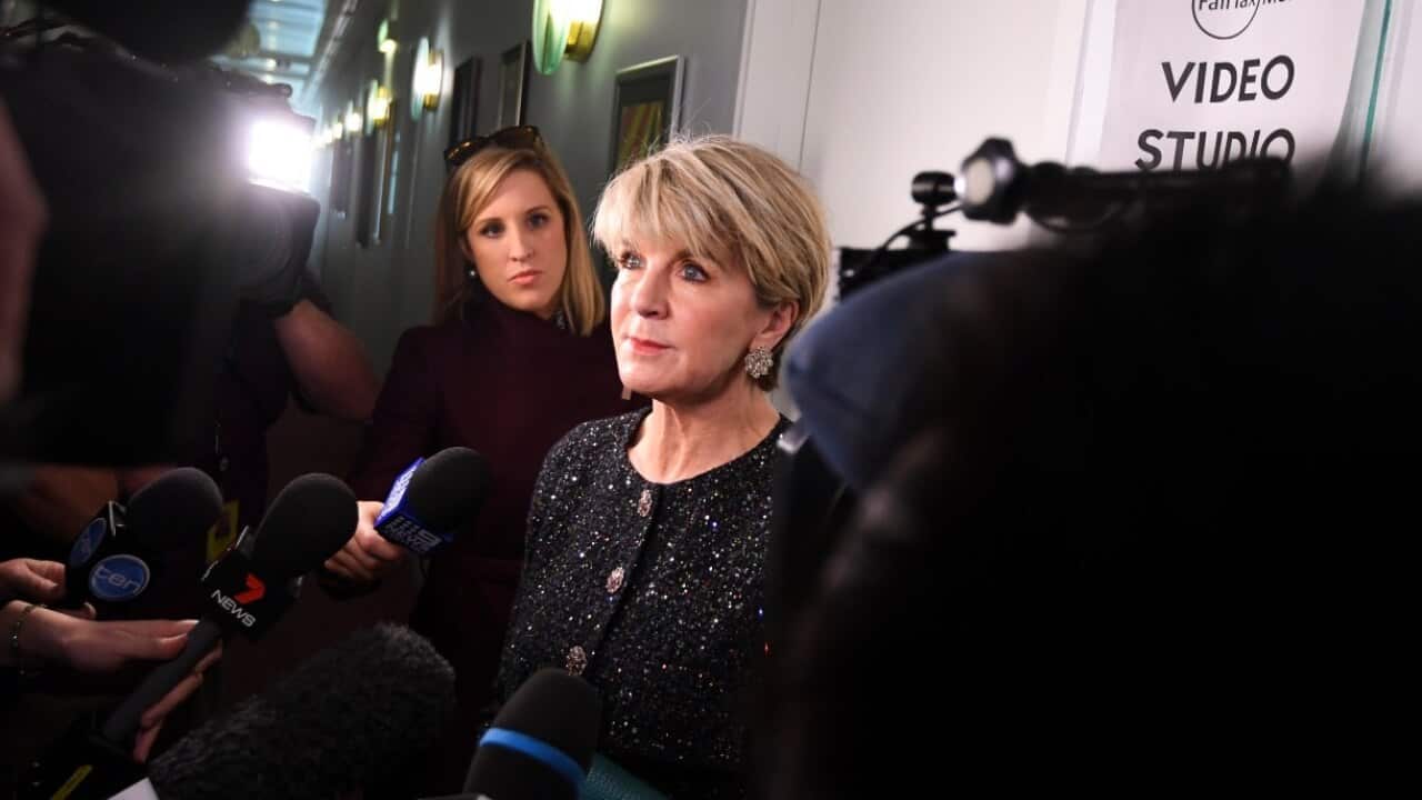 Former Australian Foreign Minister Julie Bishop speaks to the media
