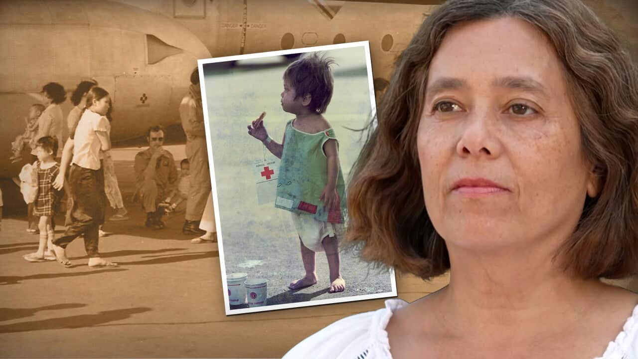 A composite image of a middle-aged Vietnamese Australian woman looking off into the distance, beside an old photo of her as a baby, wearing a pale blue smock and a nappy. In the background, there is a sepia-toned photo of evacuees at an airport.