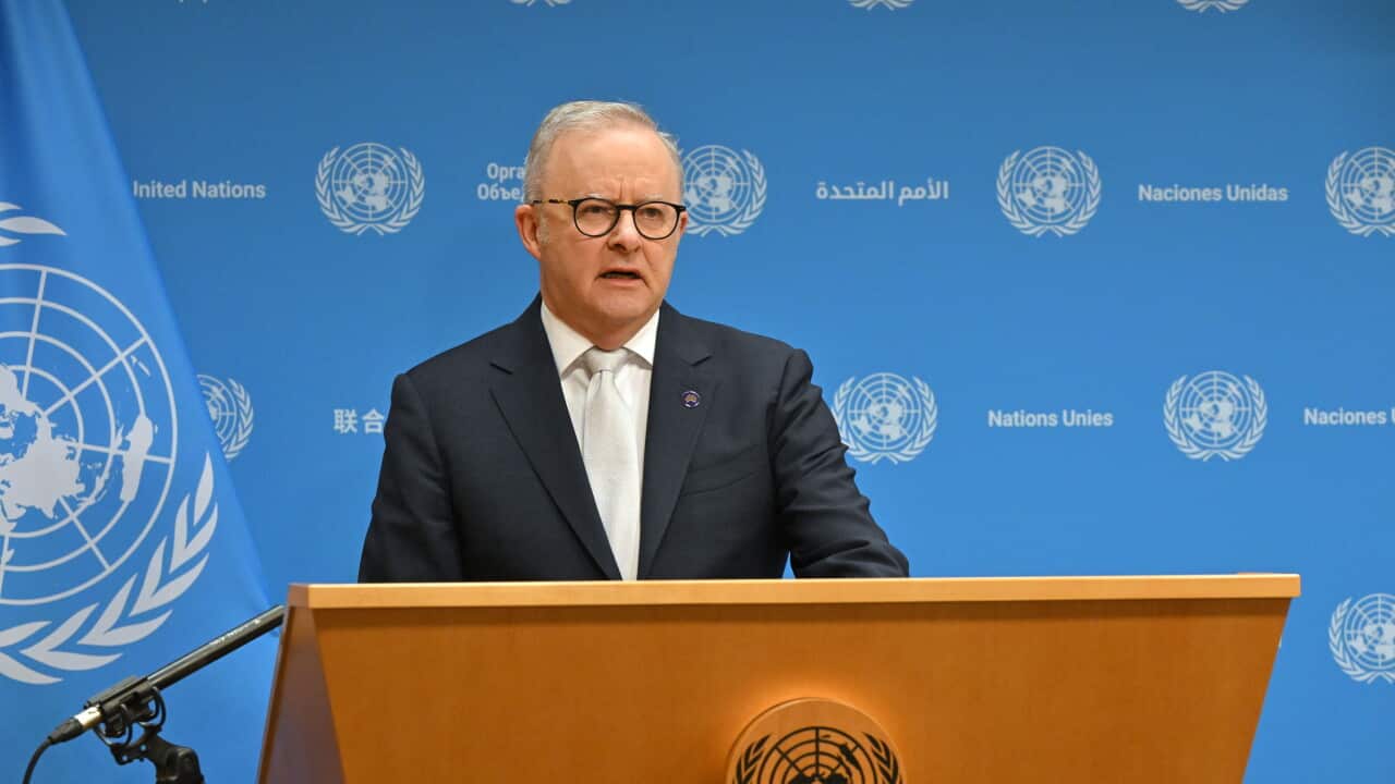PM Anthony Albanese addresses the press at the UN in New York (AAP).