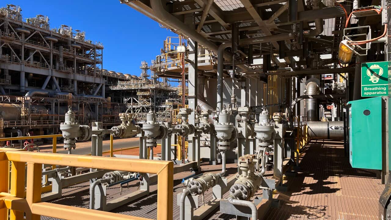 A photo of the Barrow Island natural gas plant in Western Australia. It is a maze of silver pipework against a bright blue sky.