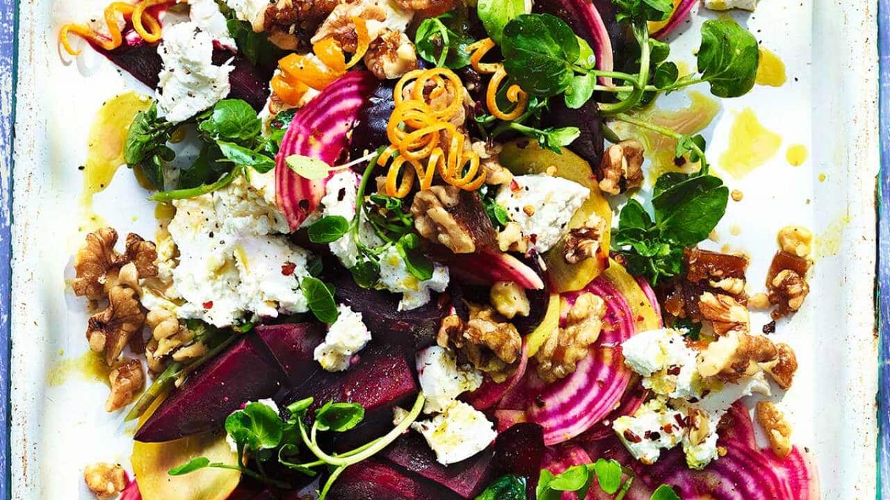 Roasted beetroot, candied walnut and goat’s cheese salad from Ainsley's Good Mood Food book