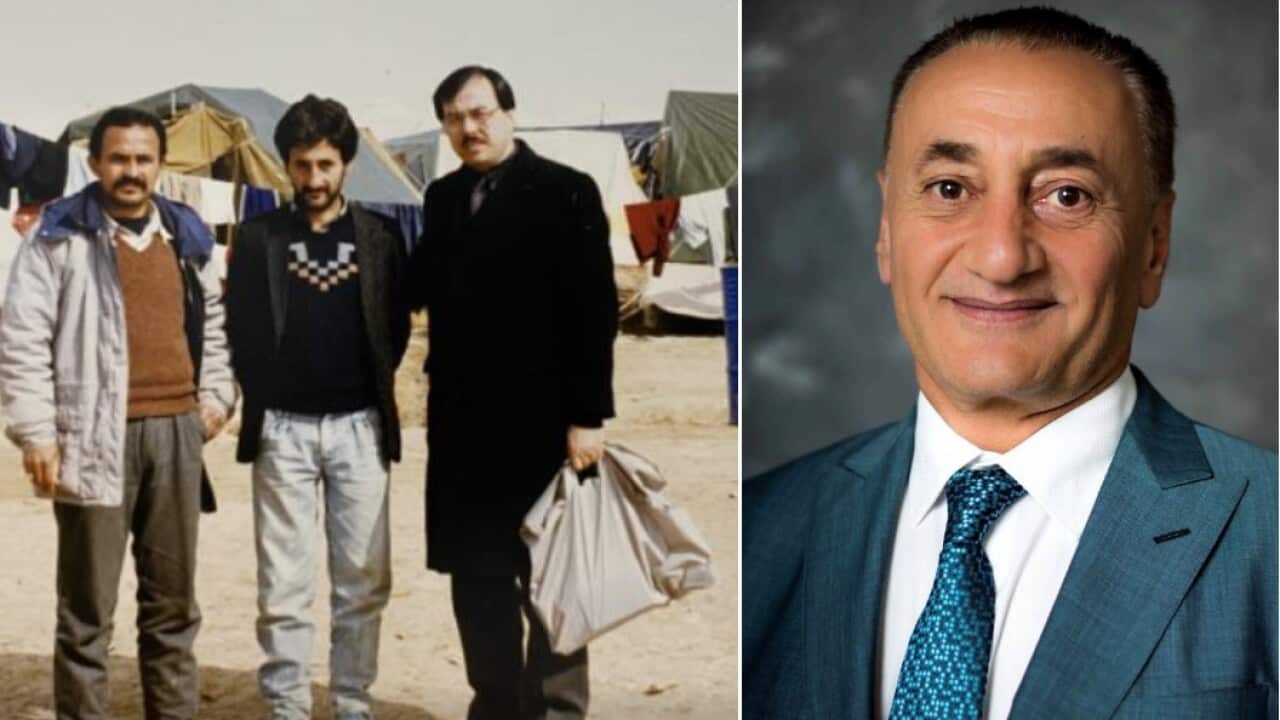 Elias Shamoon in the refugee camp (L) and as a business director (R).