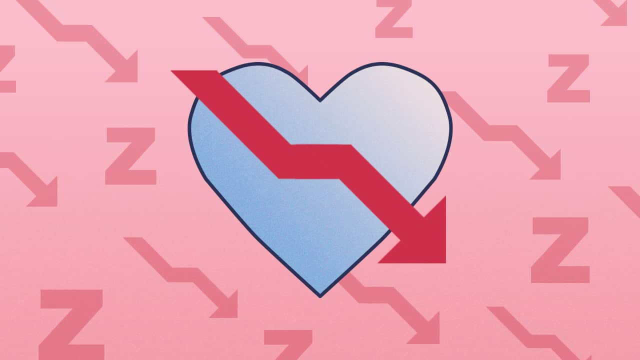 a cartoon blue heart with a pink background and red downward arrows and Zs