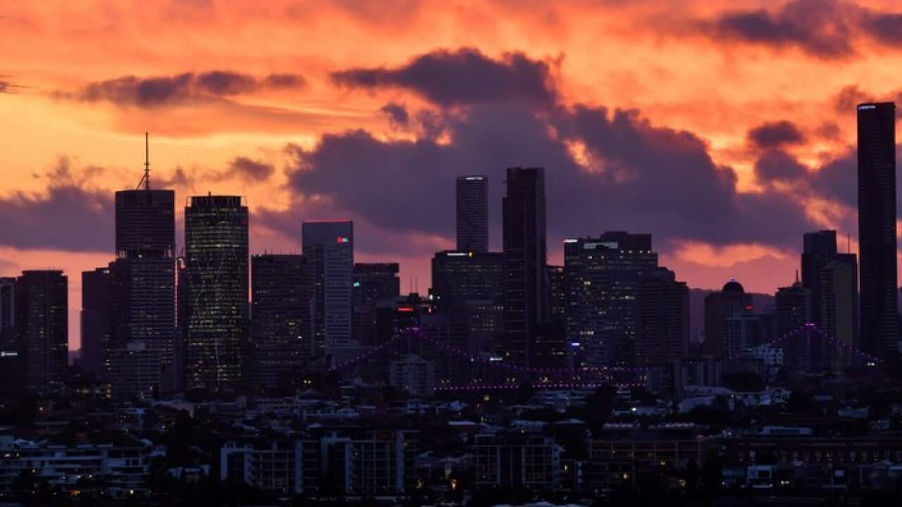 The Brisbane skyline at sunset