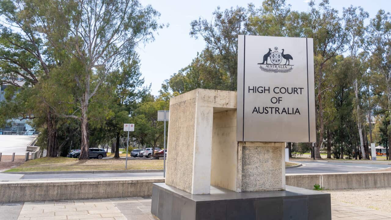 The signage in front of the High Court of Australia in Canberra, Australia.