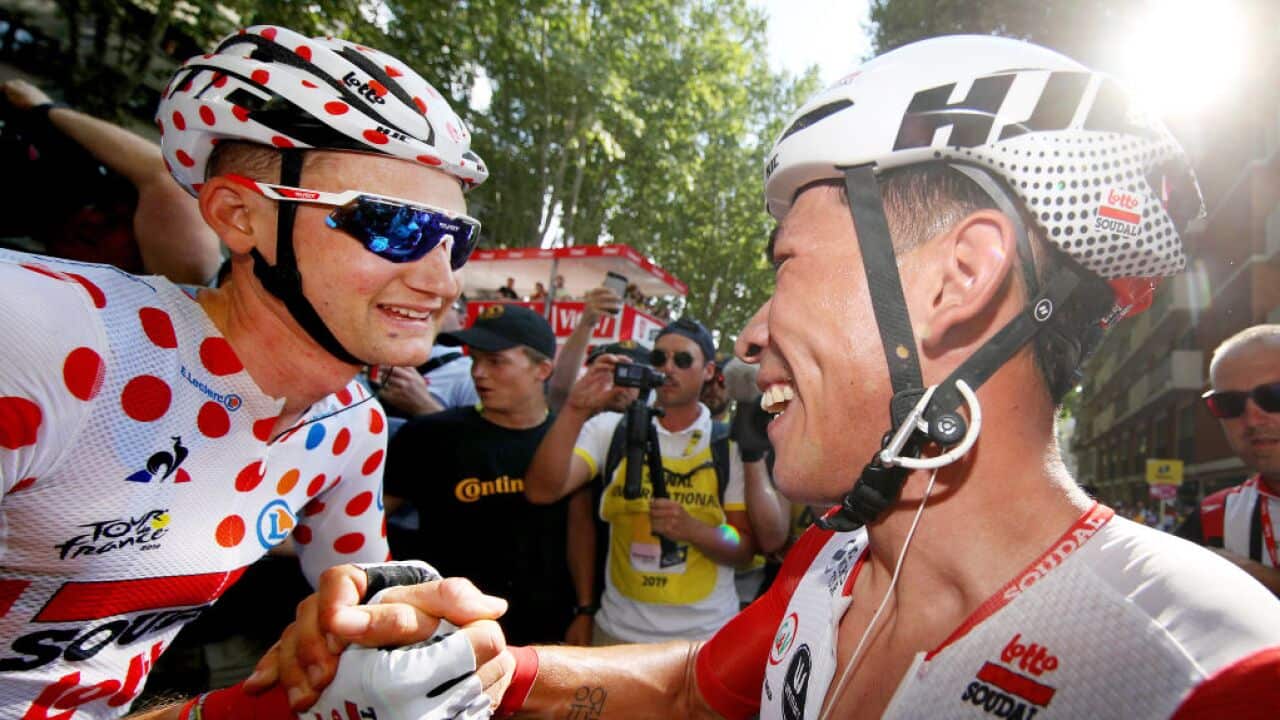 Caleb Ewan and team mate Tim Wellens celebrate the Australian's debut win (Getty)