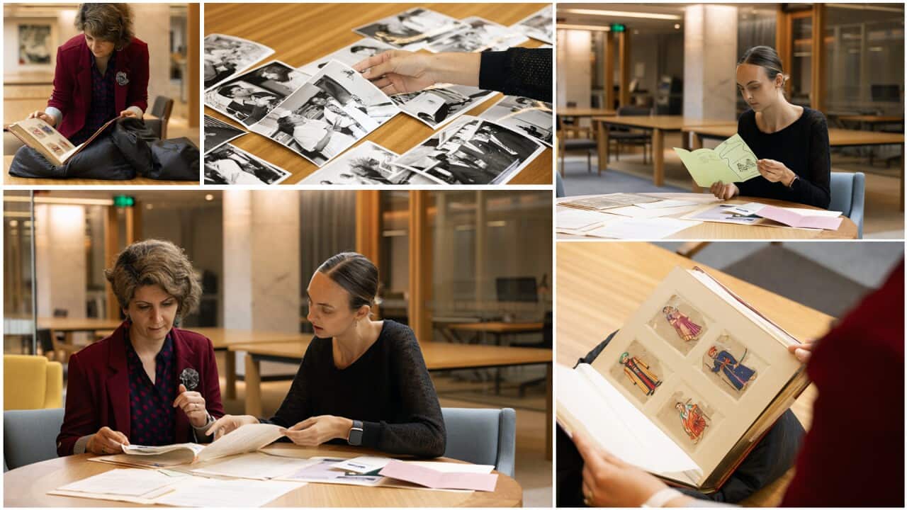National Library of Australia staff looking at albums of photographs and paintings of Indian native costume on mica, courtesy of the National Library of Australia
