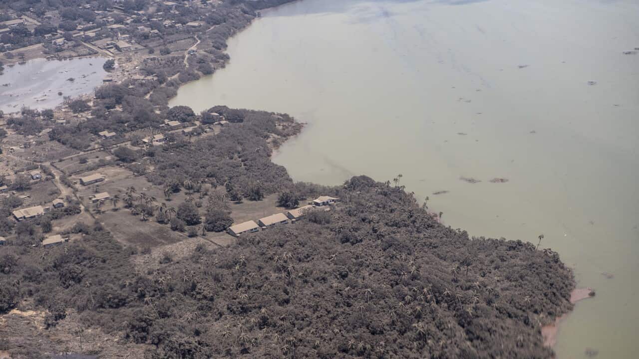 An image from an NZDF aircraft that flew over an area of Tonga, with scenes showing the heavy ash fall from the recent volcanic eruption.
