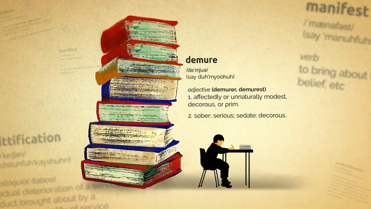 A digital illustration showing a person sitting at a desk. Behind him is a pile of books. In the void space are definitions for the words demure and enshittification.