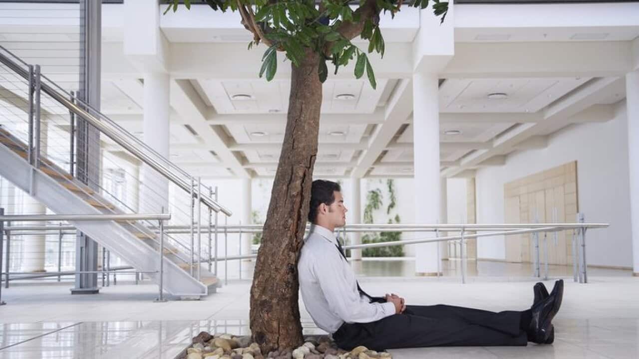 Businessman resting under tree outside office