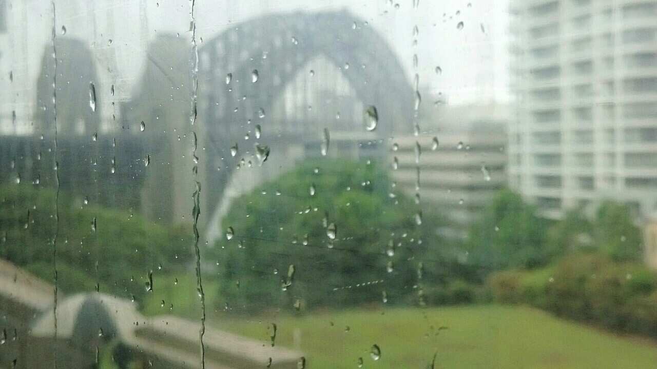 Sydney Harbor Bridge Seen Through Wet Glass Window During Monsoon