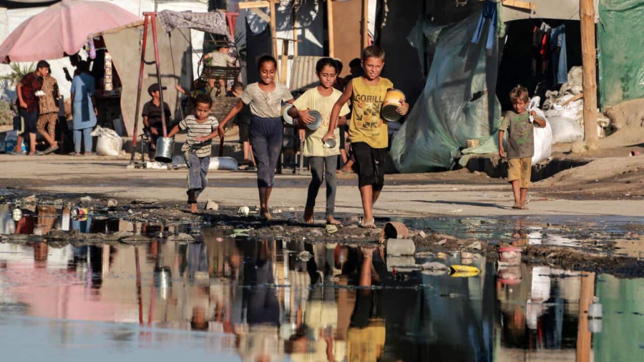 Children carrying empty containers walk near stagnant wastewater.
