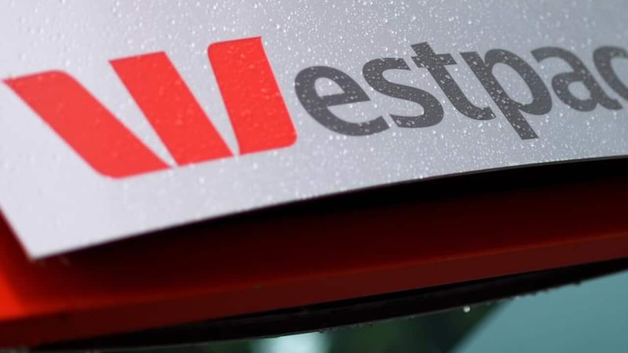 A close up of a Westpac logo at a branch in Canberra.