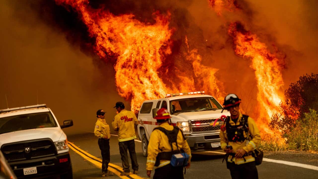 Flames from the LNU Lightning Complex fire in Lake County, California, Sunday, 23 August, 2020.