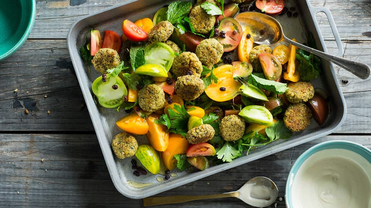 Baked falafel with tomato herb salad & tahini sauce