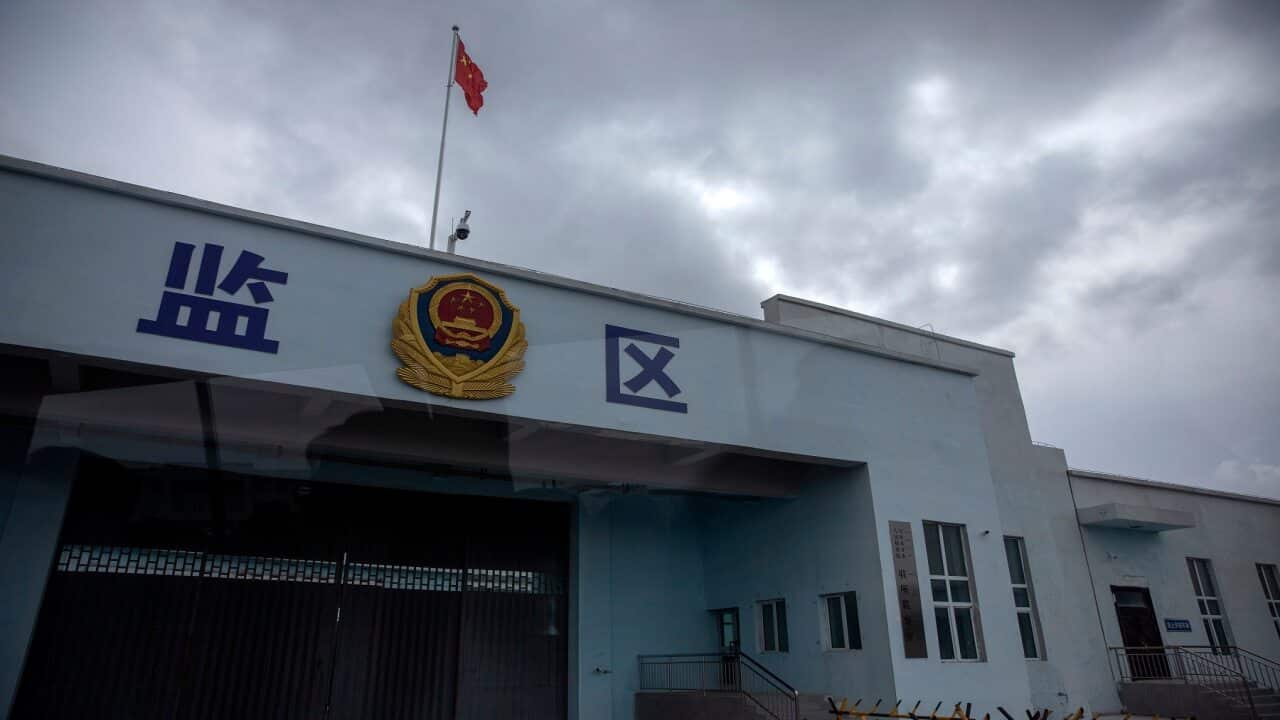 A vehicle entrance to the inmate detention area at a Uyghur Detention Centre in Xinjiang Province
