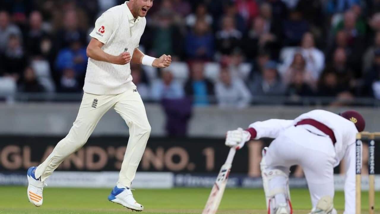 England's Stuart Broad celebrates taking a wicket.