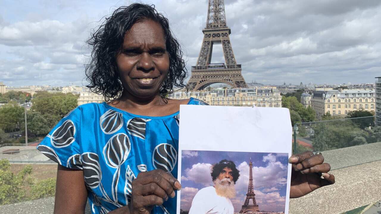 One of the artists from Bábbarra Women’s Art Centre whose artworks are exhibited in the French capital