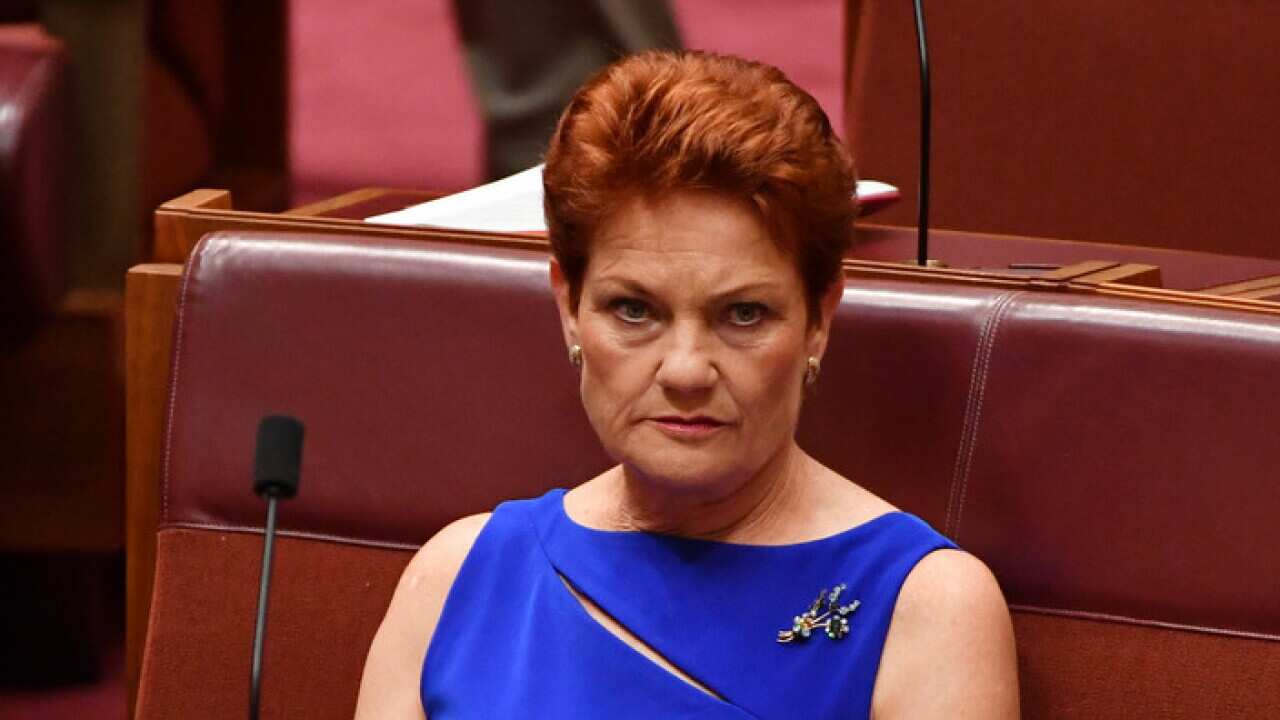 One Nation leader Senator Pauline Hanson during Question Time in the Senate chamber at Parliament House in Canberra, Tuesday, March 21, 2017. (AAP Image/Mick Tsikas) NO ARCHIVING