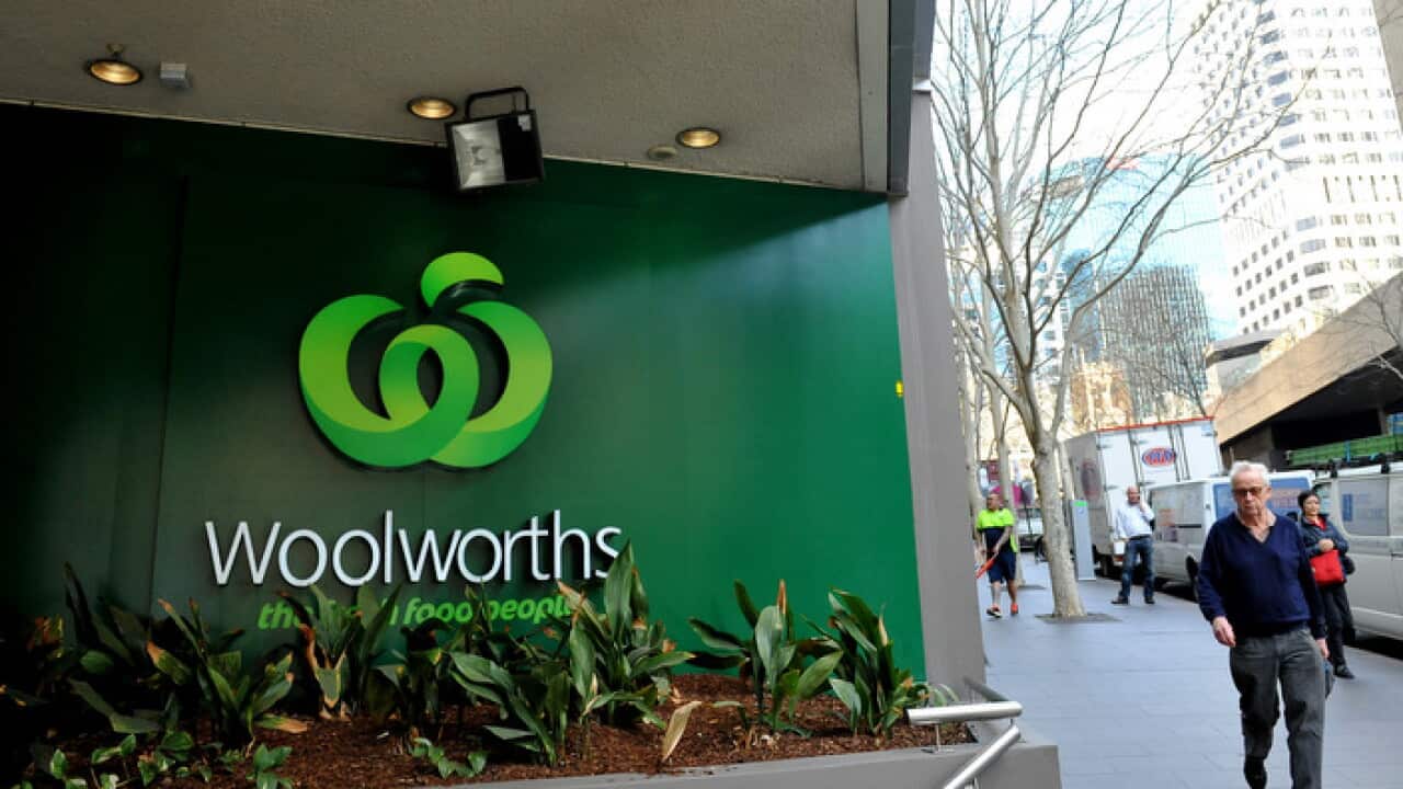 Woolworths signage outside a store in Sydney, Friday, Aug. 28, 2015. (AAP Image/Joel Carrett) NO ARCHIVING