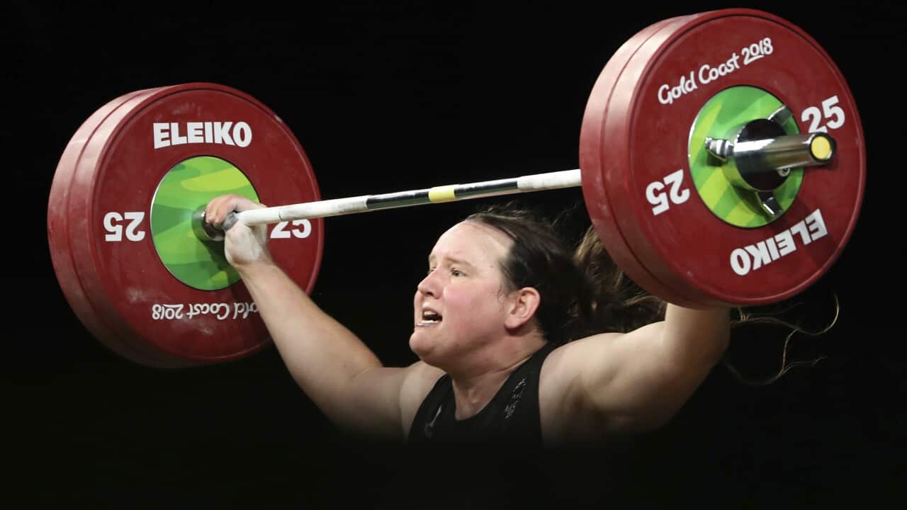 Laurel Hubbard at the women's +90kg weightlifting final at the 2018 Commonwealth Games on the Gold Coast