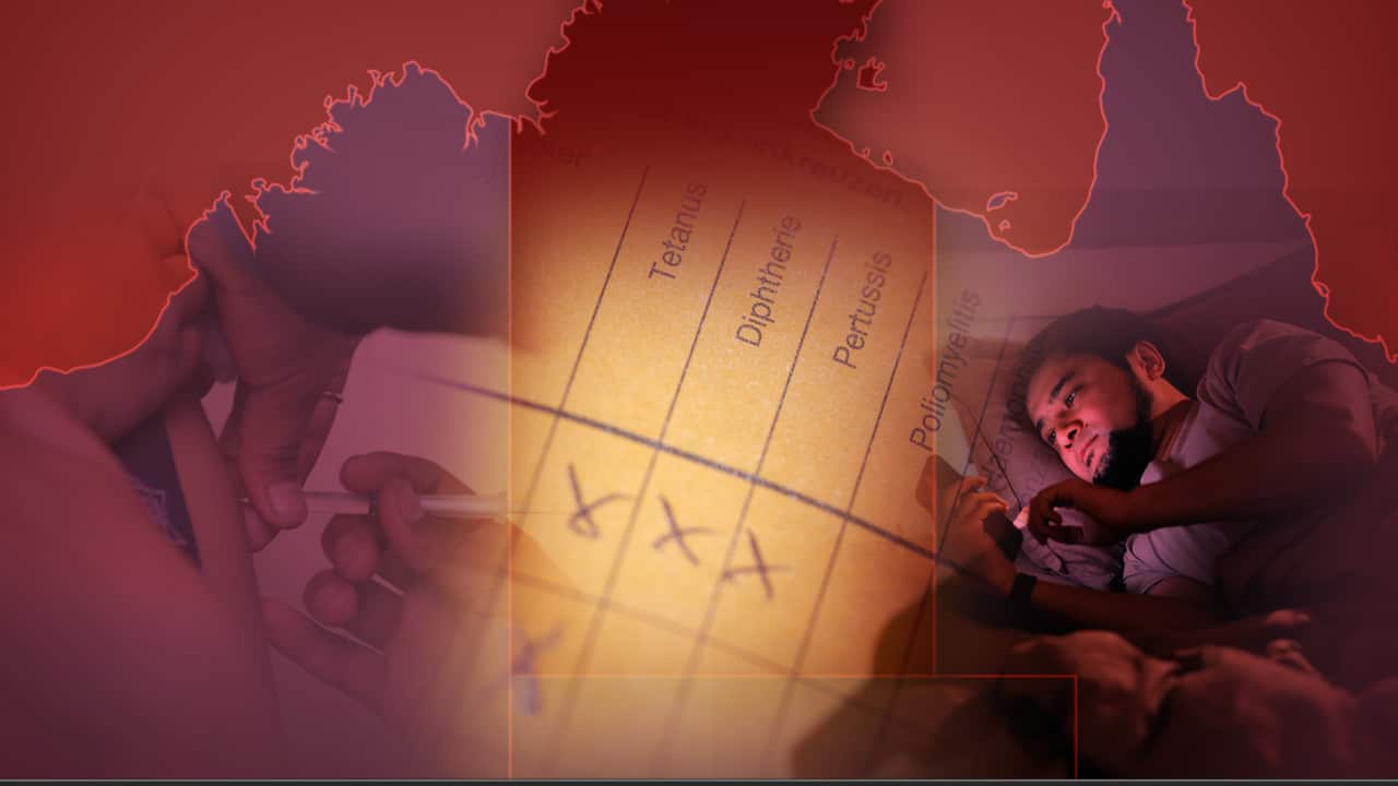 A composite image of a man looking at a map, and an immunisation card superimposed on top of a map of Australia