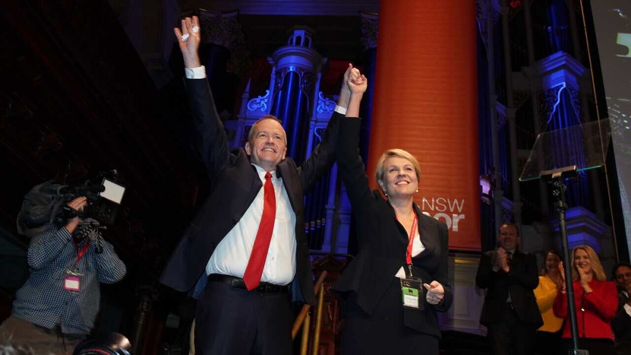Federal opposition leader Bill Shorten with Deputy Leader of the Opposition Tanya Plibersek at the the NSW Labor Annual State Conference at the Sydney Town Hall, Sydney, Sunday, July 1, 2018. (AAP Image/Ben Rushton) NO ARCHIVING