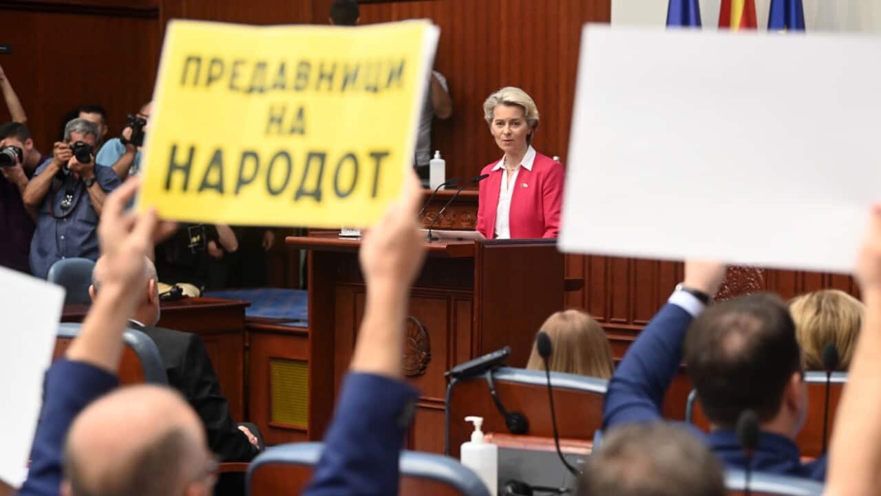 President of the European Commission Ursula von der Leyen (C) addresses the members of the Macedonian Parliament in Skopje,14 July 2022