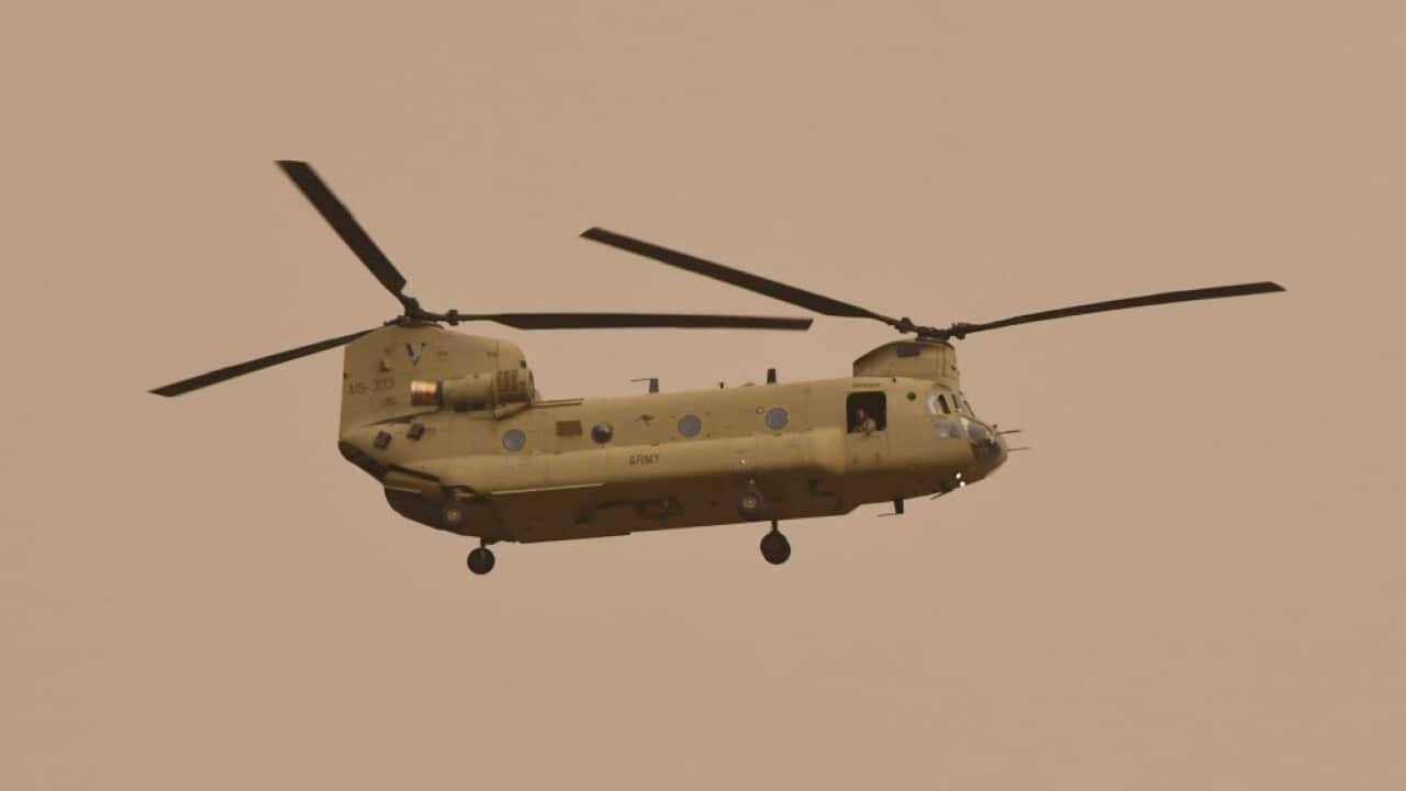 Chinook helicopters in transit to the Bairnsdale airport in Victoria, Saturday, January 4, 2019