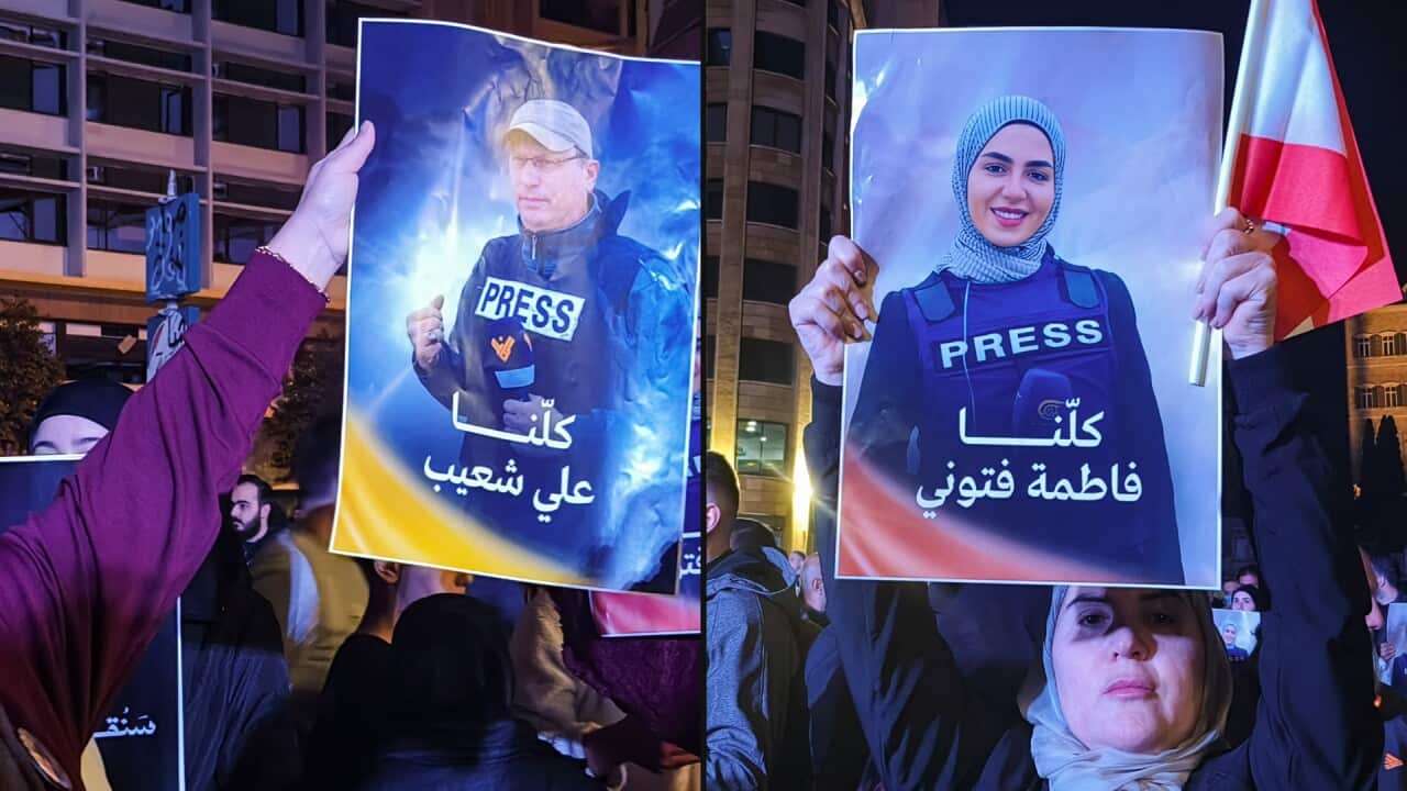 A composite photo of people holding up photos of a man (on the left) and a woman (on the right) at a memorial