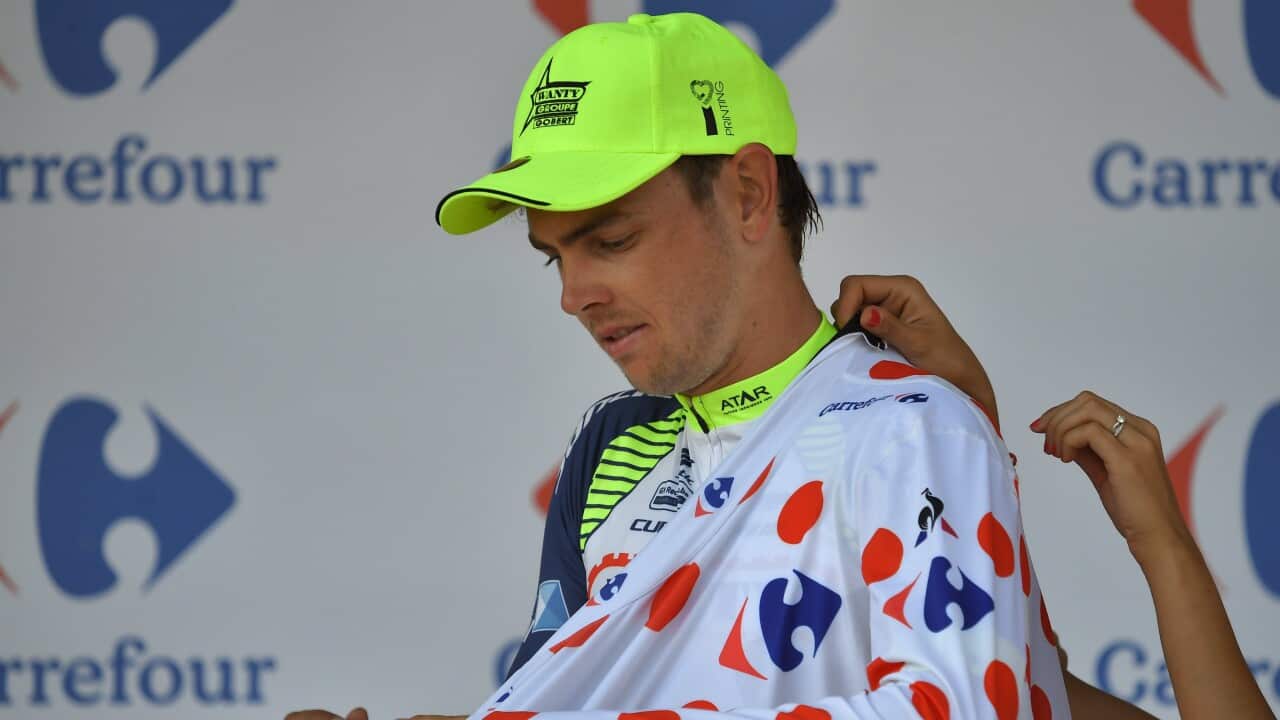 Dion Smith takes the polka dot jersey on stage 2 of the 2018 Tour de France (Getty)