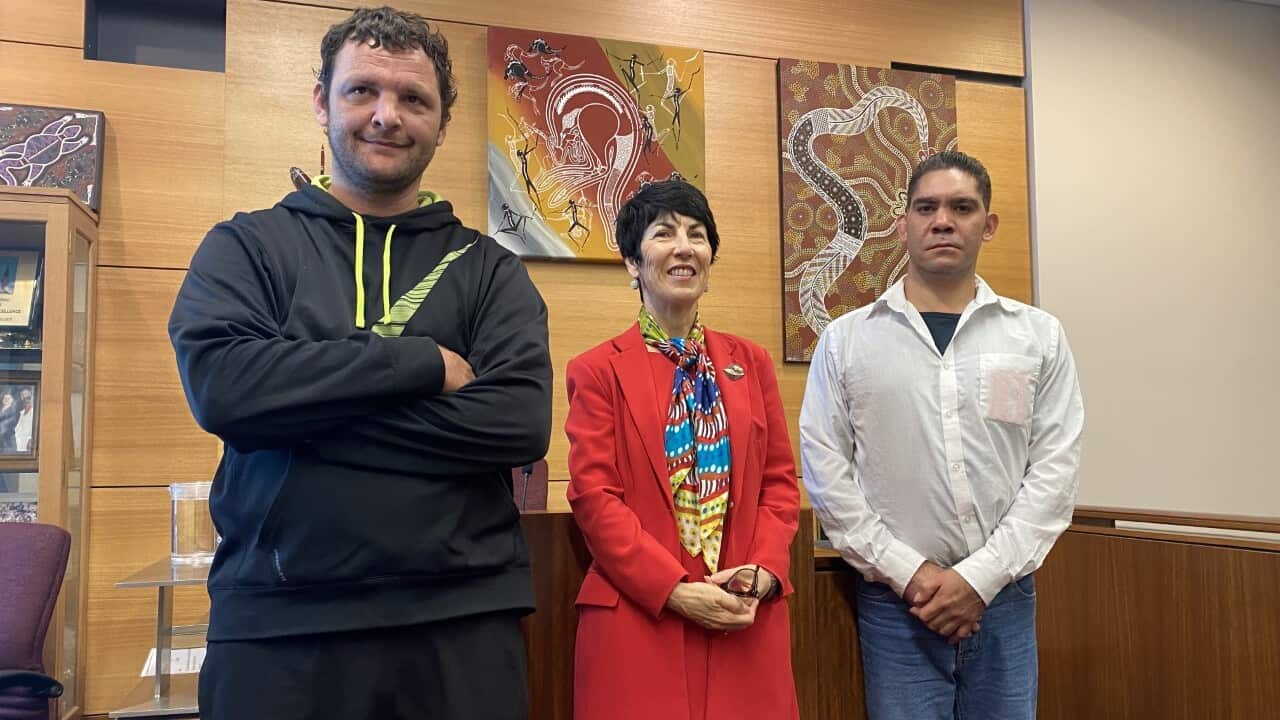 Marshall Mead, left, and Owen Goltz, right, with magistrate Tina Previtera.