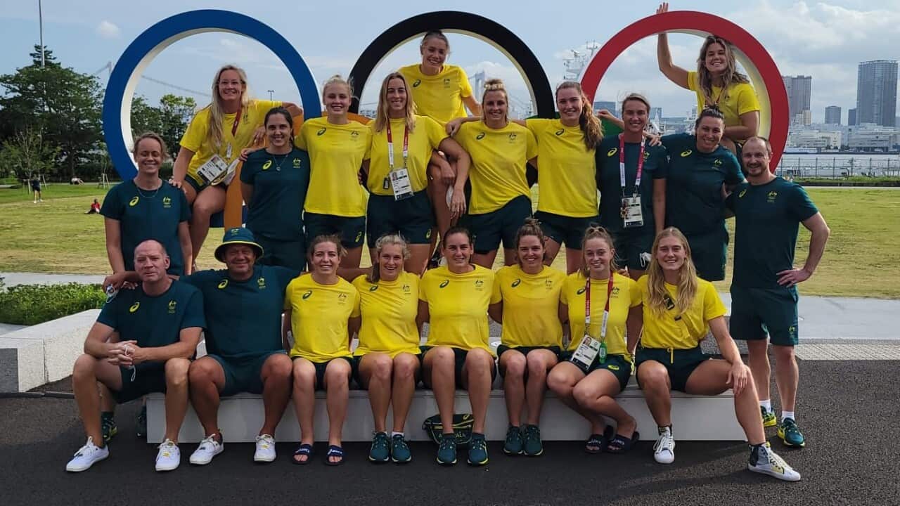 Australian Women's water polo team with the head coach Predrag Mihailovic and his assistant Dusan Damjanovic in Tokyo, Aussie Stingers, Olympics, 2020 Tokyo