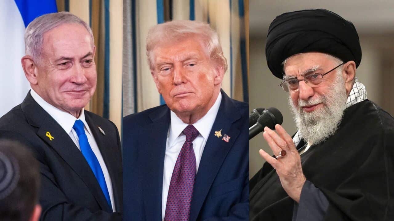 Waziri Mkuu wa Israel Benjamin Netanyahu (kushoto) Rais wa Marekani Donald Trump (katikati) na Kiongozi wa zamani wa Iran Hayati Ayatollah Ruhollah Khomeini (kulia).