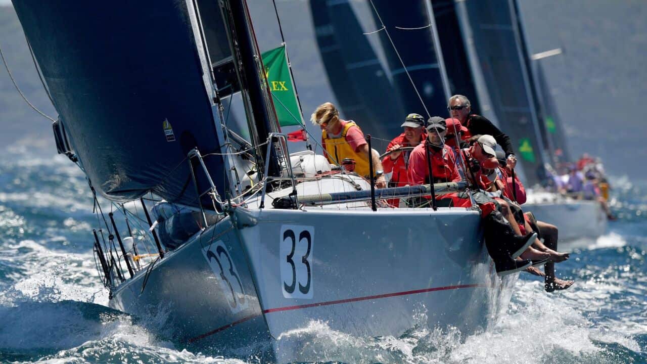 The crew of Chutzpah is seen during the Sydney Hobart Yacht Race 2022 in Sydney Harbour, Monday, December 26, 2022.