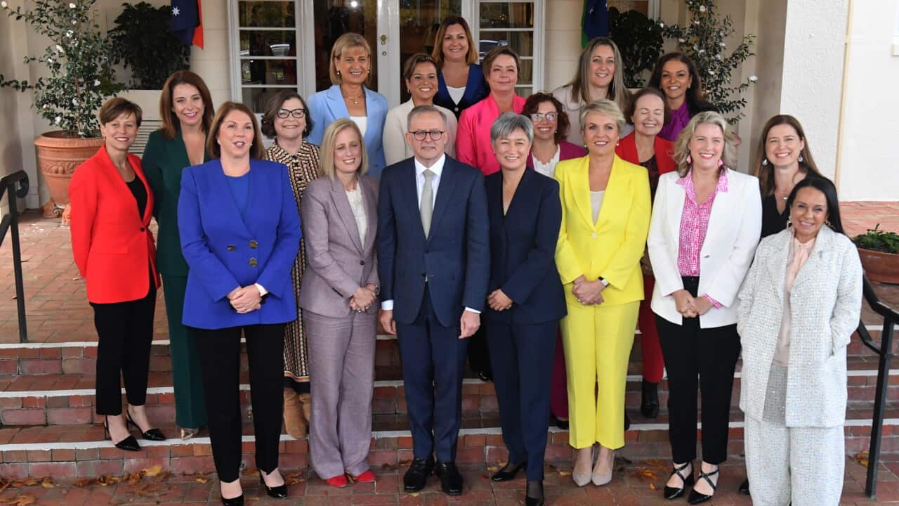 Prime Minister Anthony Albanese and his women ministers pose for photographers after swearing-in ceremony at Government House in Canberra, Wednesday, June 1, 2022. Prime Minister Anthony Albanese has unveiled the make up of his first frontbench, with a re