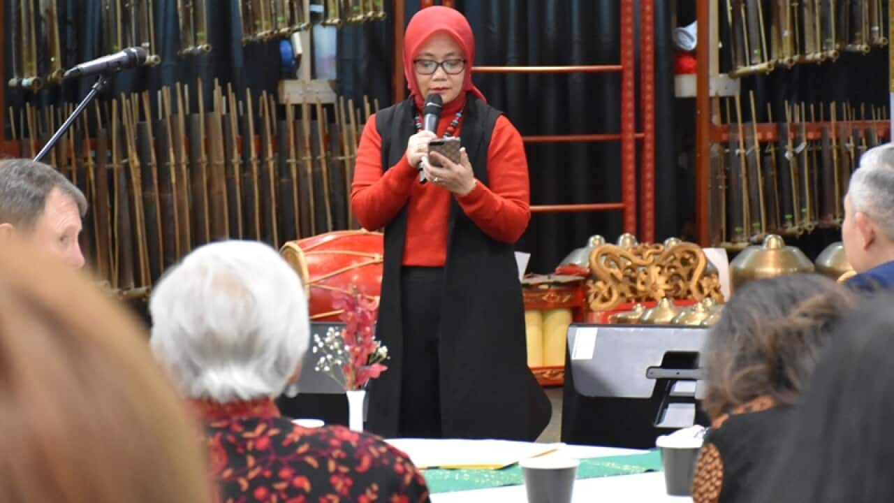 Sherry Abdi, Chairwoman of the Indonesian Womens Auxiliary in Melbourne welcoming the members at the Seminar for Women’s Mental Health at the Indonesian Consulate, 24Aug19.