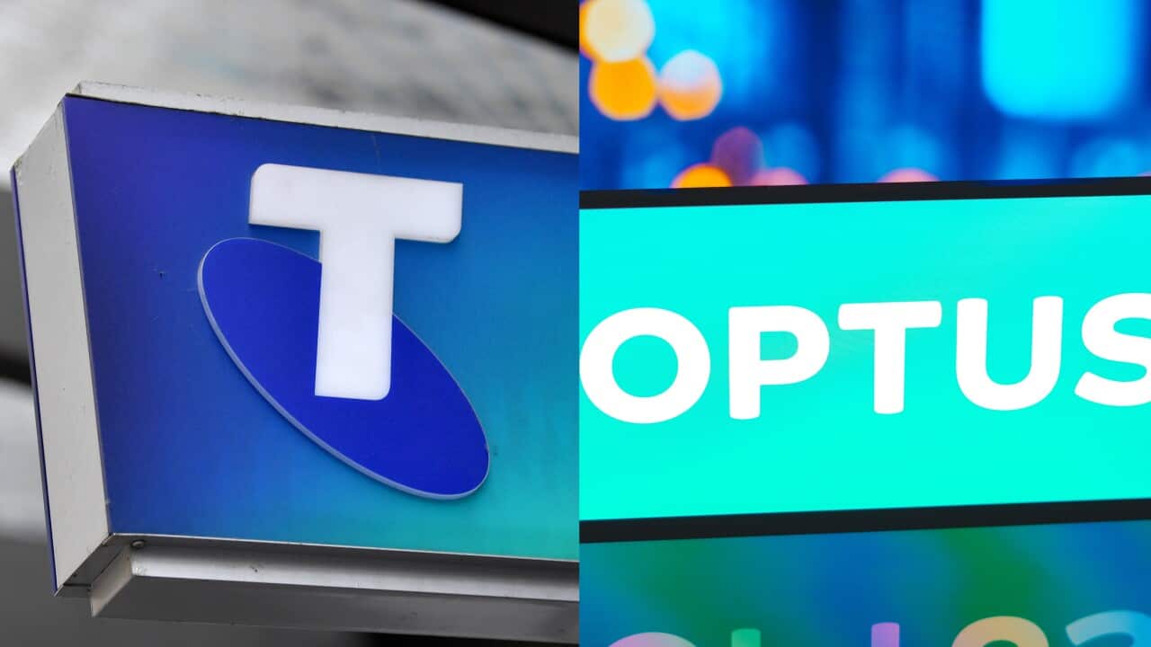 A split image. On the left is signage outside a Telstra store. On the right is the Optus logo.