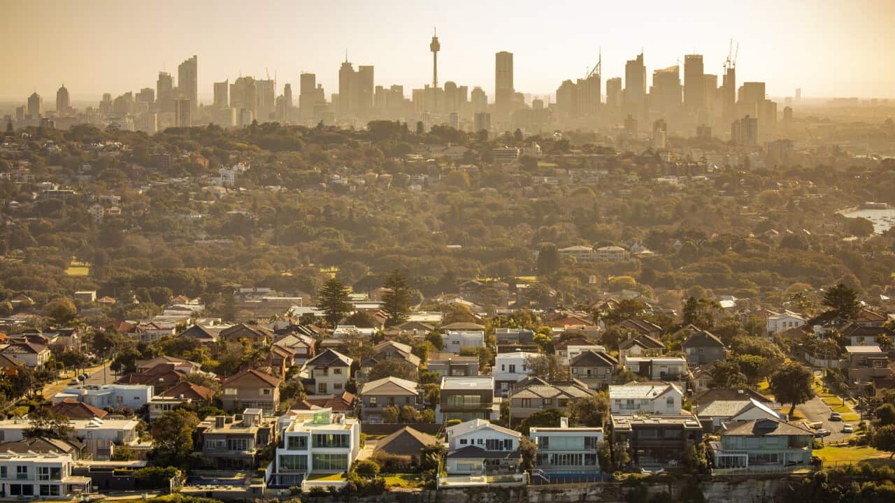 Aerial photography of Sydney skyline cityscape, suburb and houses on coastal sea cliff