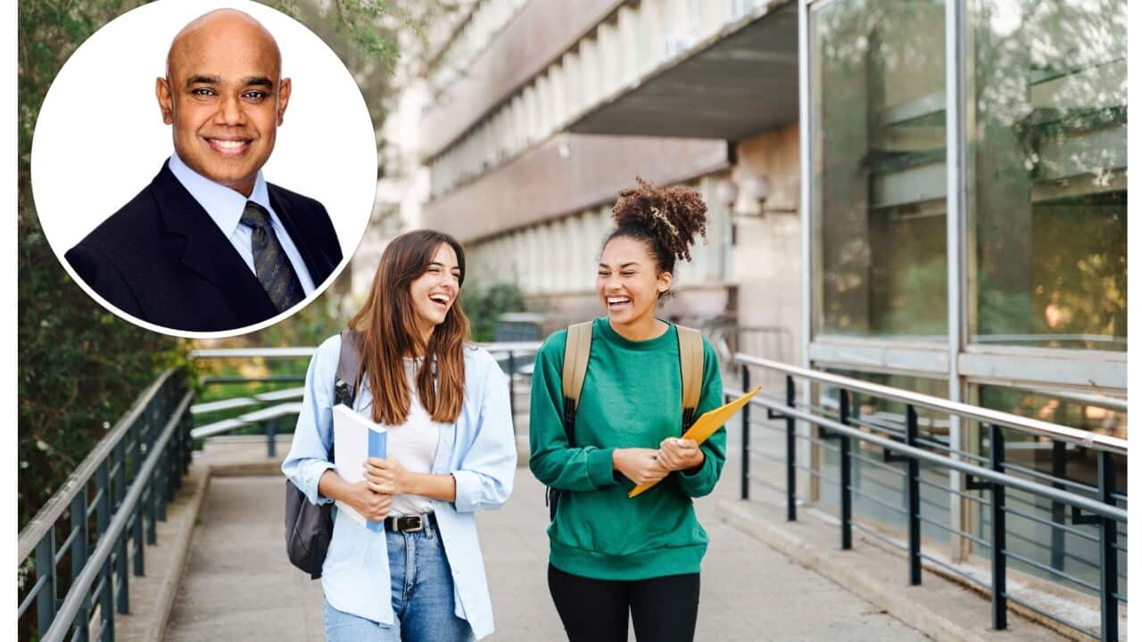 University student girl friends with learning books walking out School building