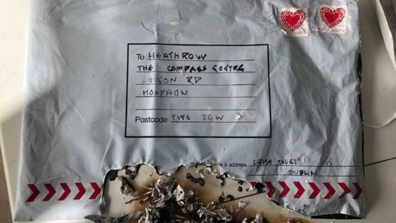 The device sent to Heathrow Airport caught fire when staff opened it.