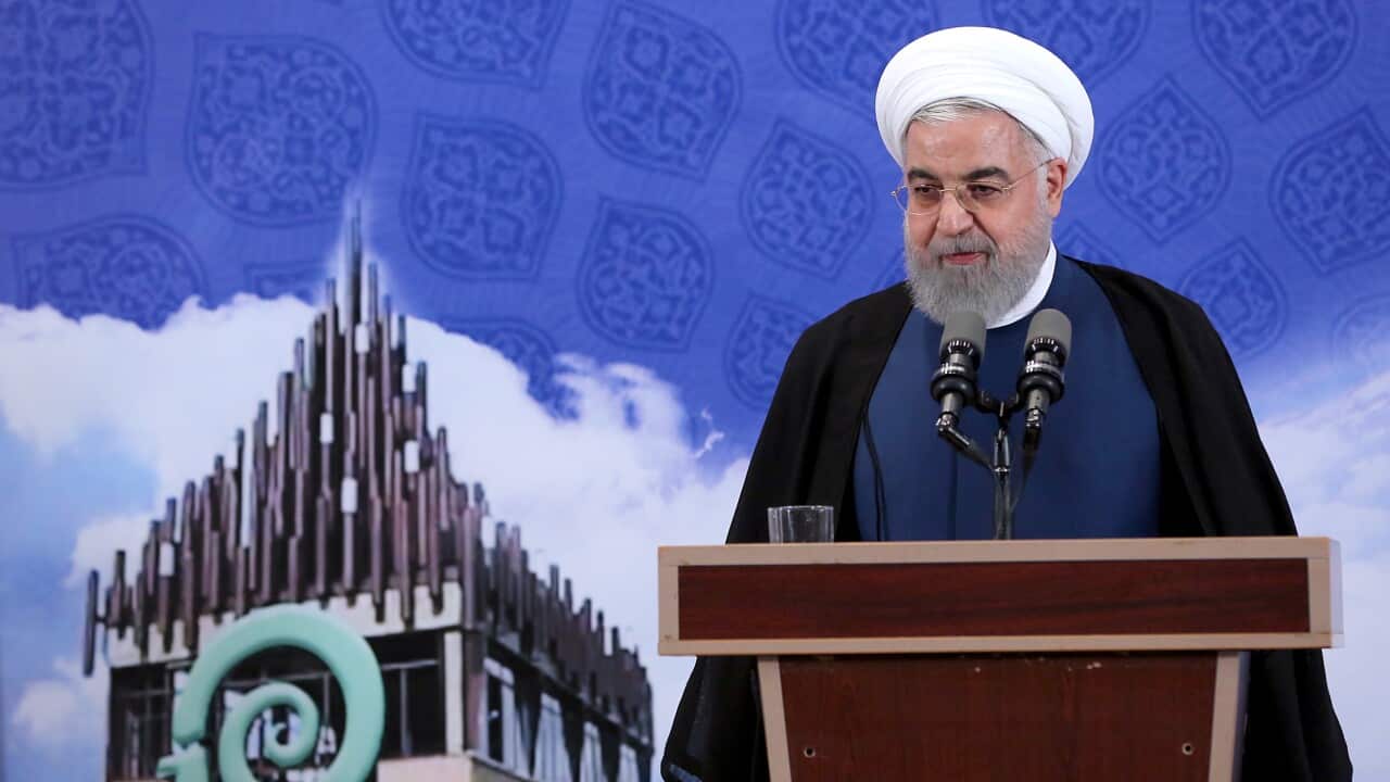 Iranian President Hassan Rouhani speaking during a ceremony at the Noavari factory in Tehran.