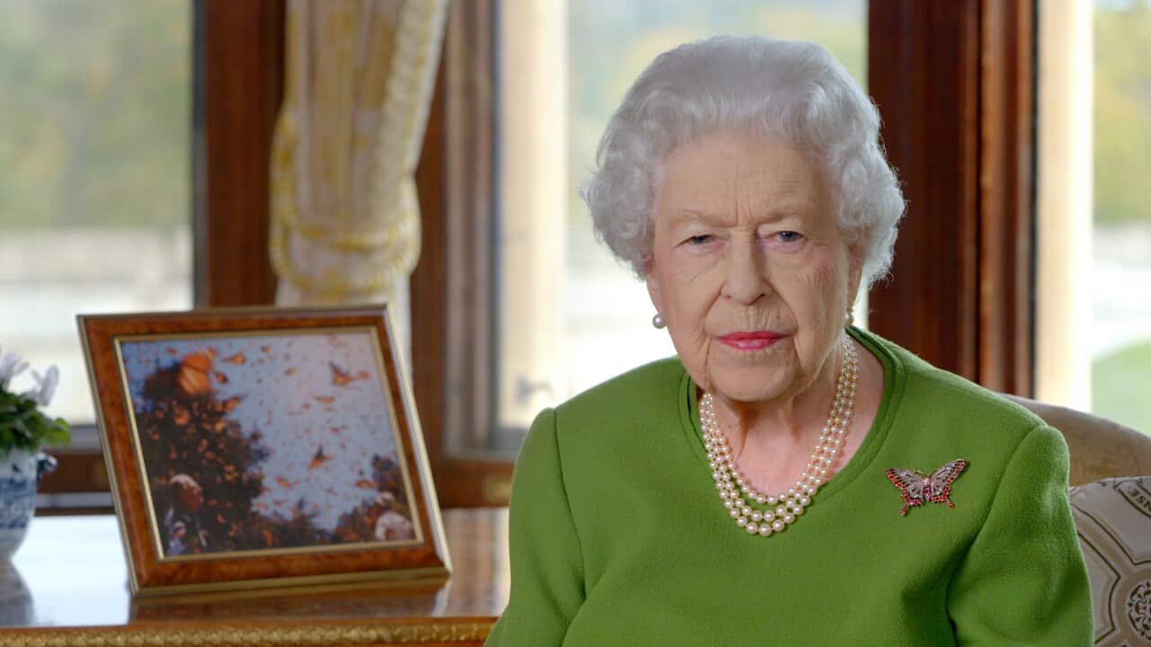 A screen grab from Queen Elizabeth II's video message, which was played during the welcoming reception at COP26 in Glasgow.