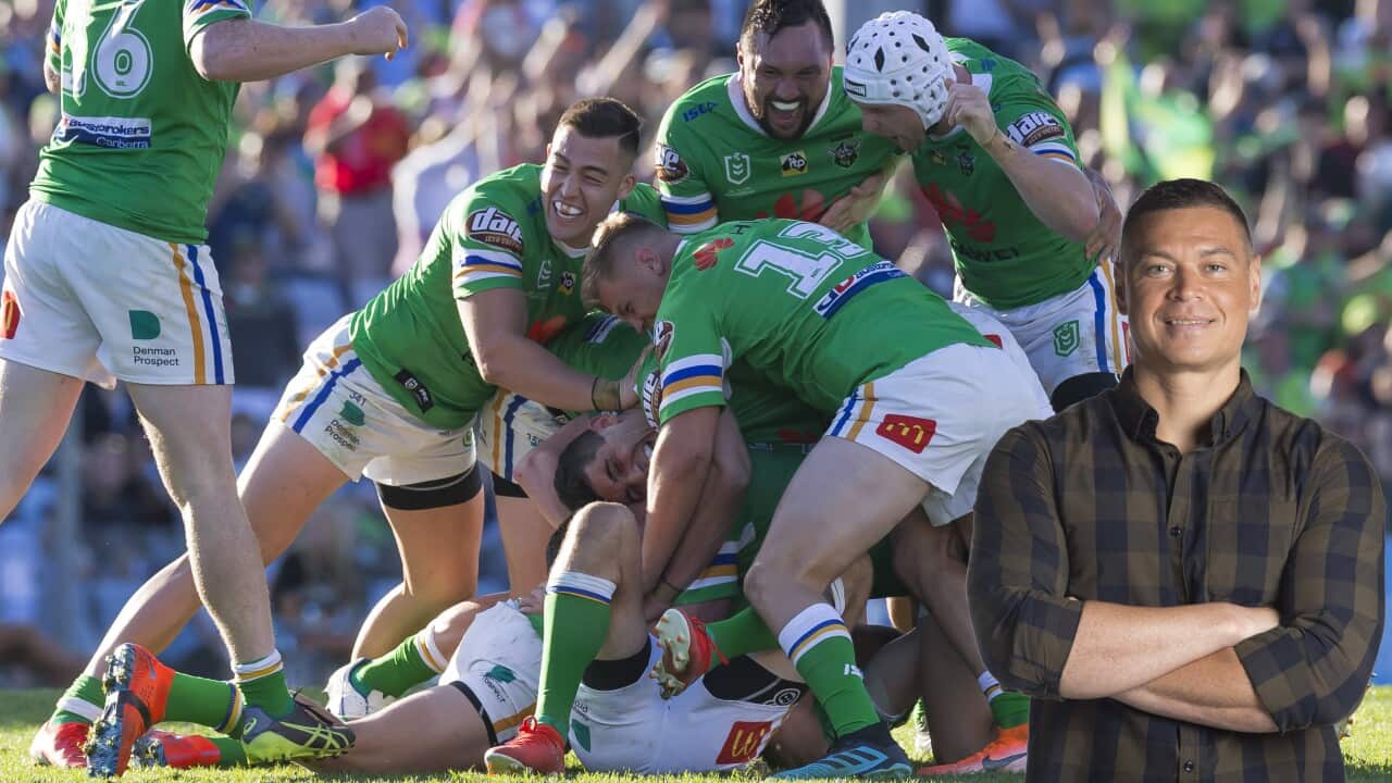 Aidan Sezer of the Raiders kicks the winning field goal. Timana Tahu.